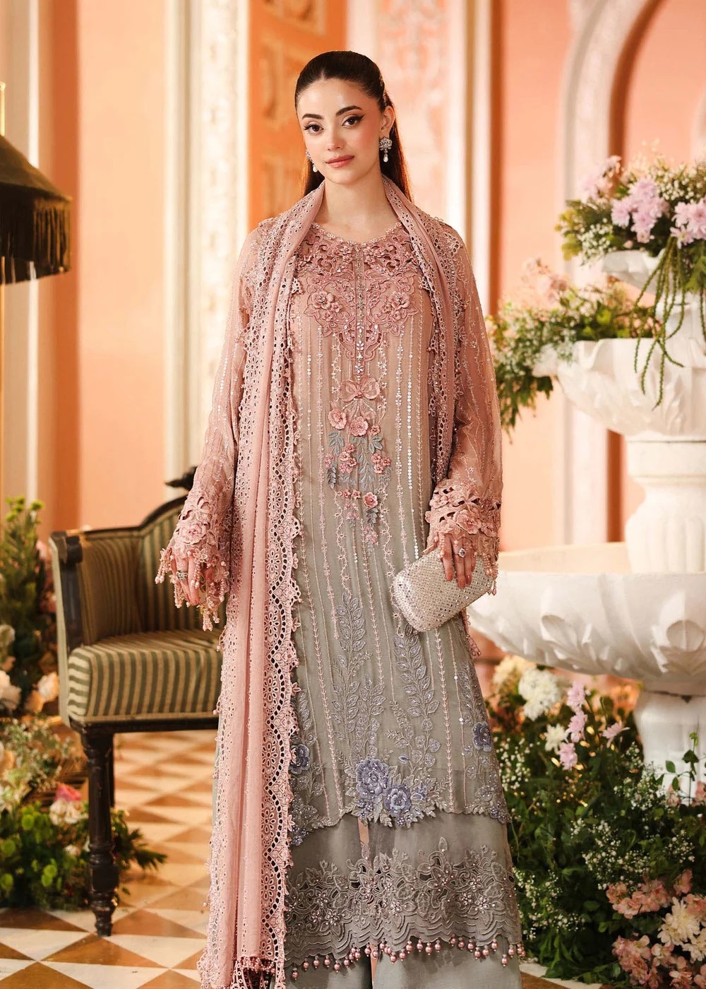 Maria.B gray pink pakistani fashion outfit in pink, grey tones.